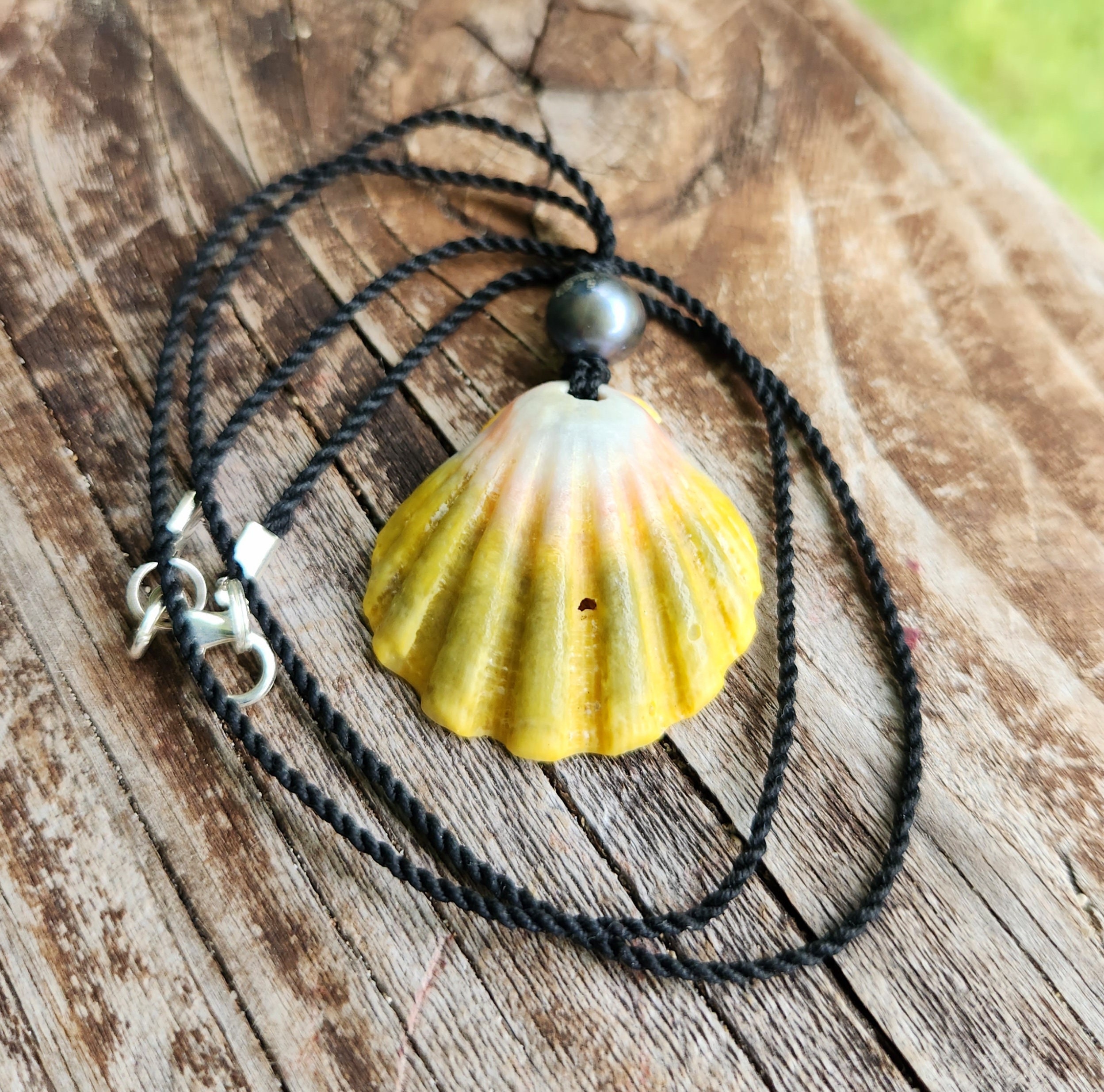 Authentic Hawaiian Sunrise Shell and Black Freshwater Pearl on Hand Waxed and Twisted Black Cotton Cord Necklace Unisex