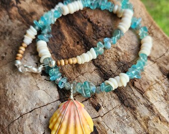 Hawaiian Sunrise Shell Pendant on Aquamarine and Puka Shell  Beaded Necklace Unisex