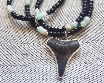 Florida Fossil Mako Shark Tooth Pendant with Blue Imperial Jasper and Glass Beads OOAK Black Fossilized