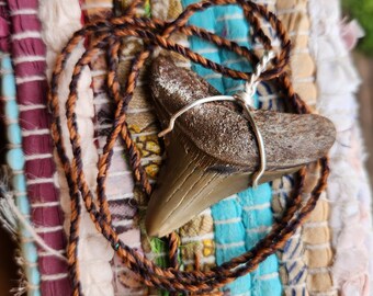 Fossilized Brown Megalodon Shark Tooth Pendant on Adjustable Hand Waxed and Twisted Brown Cotton Cord Necklace Wire Wrapped Silver Plated