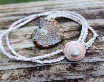 Fossilized Polished Ammonite Pendant on Light Brown Waxed and Hand Twisted Hemp Corton Cord Necklace Unisex