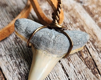 Florida Fossil Shark Tooth Pendant with Polished Stone and Copper Beads on Leather OOAK