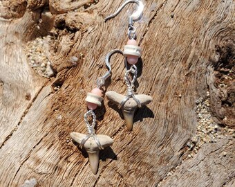 Fossilized Shark Tooth Earrings with Pink Coral and Shark Vertebrae on Silver Plated Hooks Dangle Drop Fossil Wire Wrapped