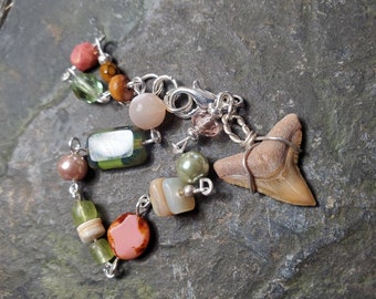 Wire Wrapped Fossil Shark Tooth Bracelet with Czech Glass Shell & Glass Pearl Beads Pink Green OOAK