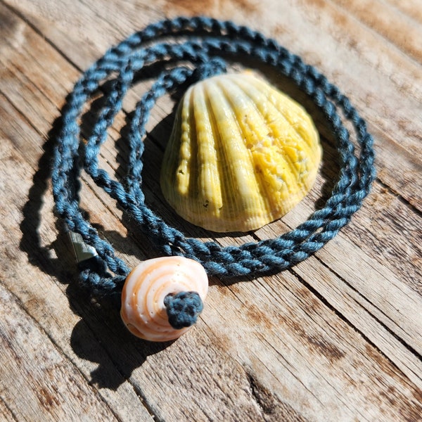 Authentic Hawaiian Sunrise Shell on Blue and Gray Hand Waxed and Twisted Hemp Cord Necklace