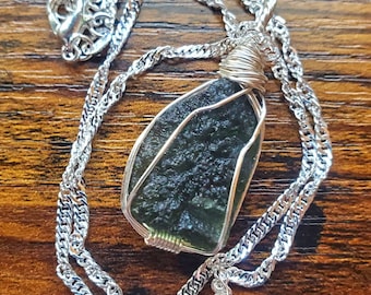 Authentic Natural Moldavite Pendant on Silver Plated Chain OOAK Olive Green Tektite Wire Wrapped