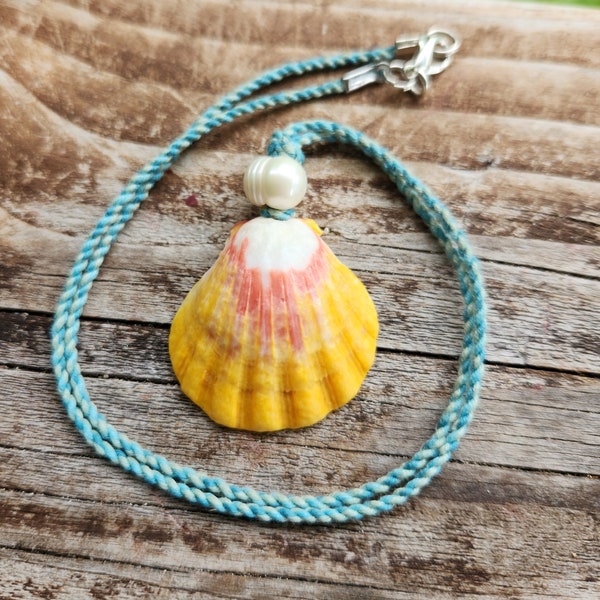 Authentic Hawaiian Sunrise Shell with Freshwater Pearl on Blue Hand Waxed and Twisted Cord Necklace