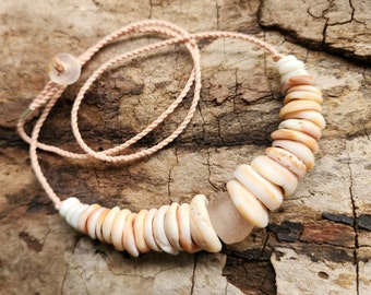 Hawaiian Puka Shells and Pink Vintage Glass Bead on Light Pink Waxed and Hand Twisted Cord Necklace Unisex