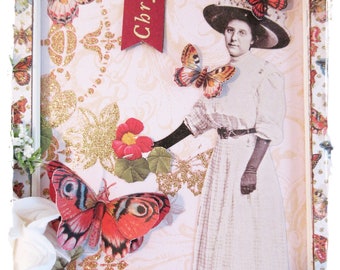 Butterfly Mixed Media Sign ~ "Chrysalis", Victorian Woman with butterflies, Shabby Chic, turquoise, red, ecru
