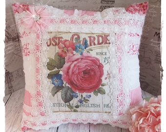 Romantic Shabby Chic Pillow, Rose Garden, White and Pink with Lace and Rhinestones