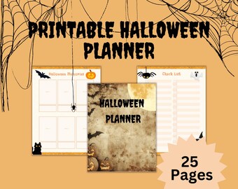 Puede incluir: Planificador de Halloween imprimible de 25 páginas. La portada presenta un fondo de estilo vintage con luna llena, murciélagos y calabazas. El planificador incluye secciones para recuerdos de Halloween, una lista de verificación y un planificador general.