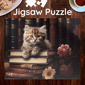 Library Tabby Kitten Jigsaw Puzzle – Perfect Gift for Cat Lovers and Readers - Cozy Cat and Book Puzzle -Puzzle (110, 252, 520, 1014-piece)