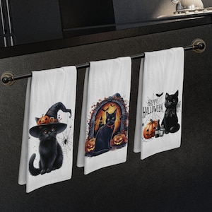 Halloween Tea Towel, Hostess Gift, Vintage Witch, Halloween Home Decor,Kitchen Towel,Seasonal Decor,Pumpkin spooky Black Cat Happy Halloween