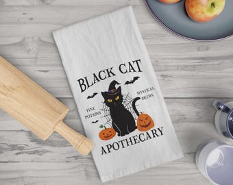 Black Cat Apothecary Halloween Tea Towel: Vintage Witch Kitchen Decor