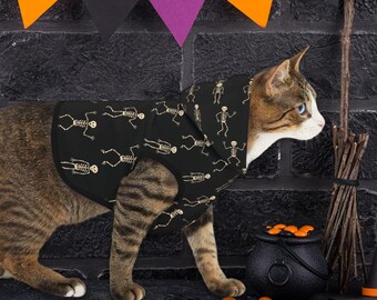 Sudadera con capucha de gato esqueleto – Disfraz espeluznante de Halloween, ropa para gatos, camiseta para mascotas