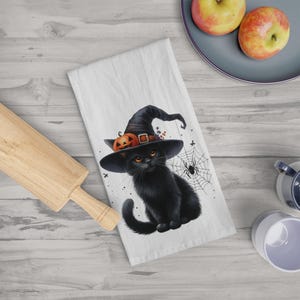 Halloween Tea Towel, Hostess Gift, Vintage Witch, Halloween Home Decor,Kitchen Towel,Seasonal Decor, Black Cat spooky Halloween spider web
