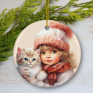 Vintage Girl with Kitten Christmas Ornaments - Cute Holiday Ornament for Cat Lovers, Vintage-Inspired Gift - Traditional Christmas Decor
