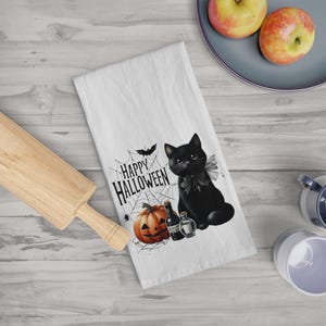 Halloween Tea Towel, Hostess Gift, Vintage Witch, Halloween Home Decor,Kitchen Towel,Seasonal Decor,Pumpkin spooky Black Cat Happy Halloween