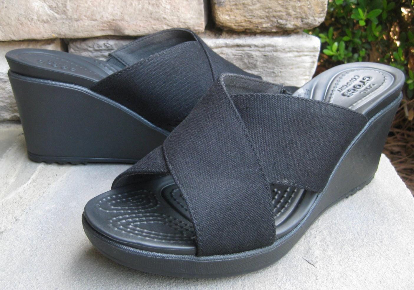 Size 6B CROCS Women's 'leigh II' Cross Strap Wedge Sandals ~ Black