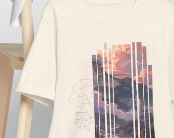 Vaporwave Aesthetic Japanese Mountains Anime Kawaii Style Sunset Clouds Geometric Stripe Tee | Cloudscape Graphic T-Shirt