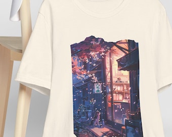 Vaporwave Fashion Japanese Style Kawaii Aesthetic Lofi Tshirt Cat Shirt Cozy Neon Alleyway T-Shirt | City Nightscape Tee