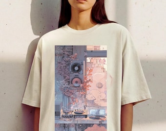 Lofi Cityskape Hip Hop Japanese Anime Kawaii Graphic Tee, Unisex Ambient Apparel