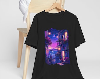 Vaporwave Aesthetic Japanese Anime Style Tshirt Kawaii Nightskape Shirt Neon Night Alley Tee | Japanese Street Scene, Moonlit Vaporwave