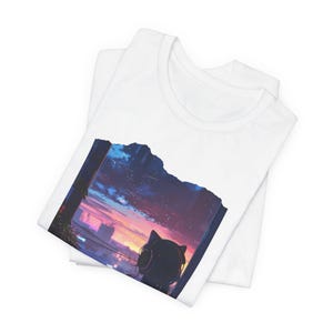 Lofi Girl tshirt Vaporwave Sunset Japanese Anime Kawaii Silhouette Cat Watching City Sunset T-Shirt | Night Sky Cityscape Tee image 5