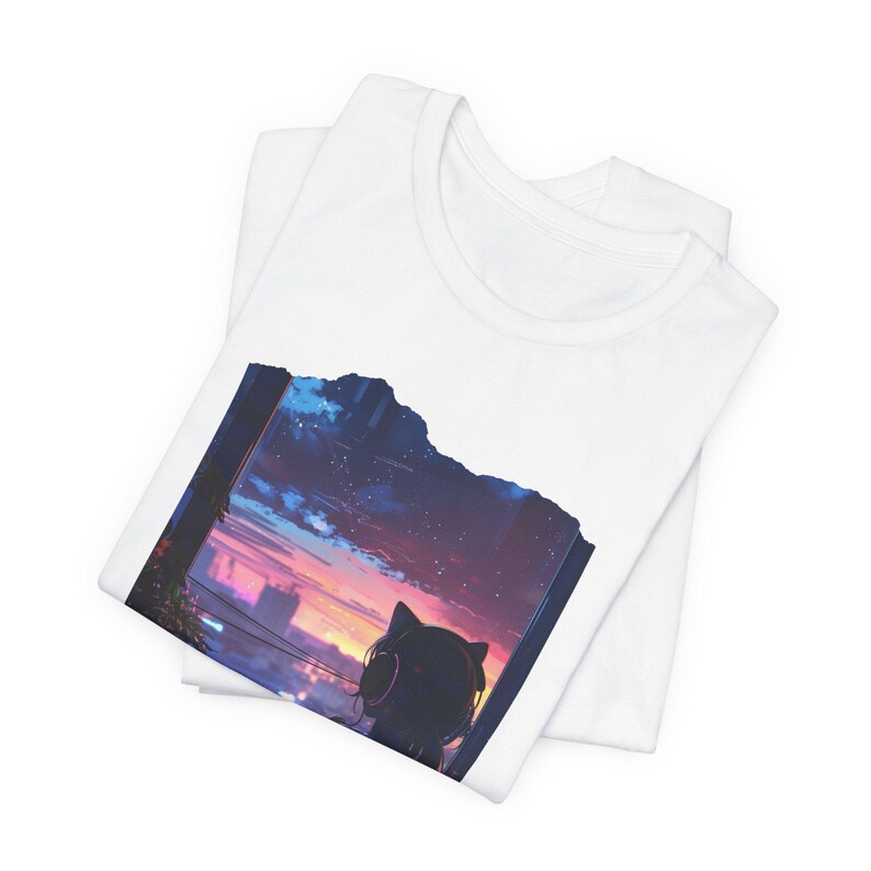 Lofi Girl tshirt Vaporwave Sunset Japanese Anime Kawaii Silhouette Cat Watching City Sunset T-Shirt | Night Sky Cityscape Tee image 5