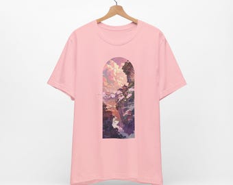 Japanese Style Tshirt Anime Aesthetic Kawaii Lofi Sunset Landscape Arch Tee | Vaporwave Sky, Cliffside River