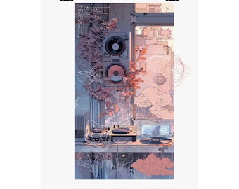 Retro DJ Turntables Poster Music Producer Anime Kawaii Lofi Hip Hop Pastel Aesthetic | Vertical Matte Music Room Art