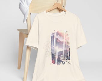 Vaporwave Aesthetic Japanese Mountains Anime Style Kawaii Fashion Sunset Mountain Window Tee | Scenic Landscape Striped Panel Shirt