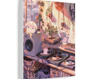 Cozy DJ Room Illustration Lofi Hip Hop Wall Art Japanese Anime Kawaii Axolotl Matte Canvas