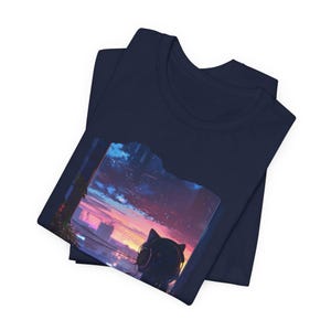 Lofi Girl tshirt Vaporwave Sunset Japanese Anime Kawaii Silhouette Cat Watching City Sunset T-Shirt | Night Sky Cityscape Tee image 8