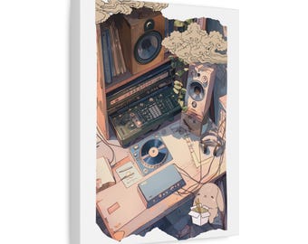 Cozy Studio Desk Illustration Lofi Hip Hop Wall Art Trendy Anime Kawaii Music Producer DJ Gift Matte Canvas