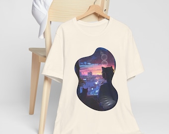 Lofi Girl Tshirt Vaporwave Aesthetic Pastel Japanese Style Anime Kawaii Cat Silhouette Cityscape Tee | Sunset Window Scene