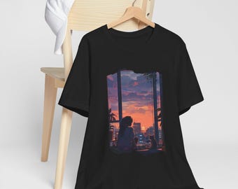 Lofi Girl Shirt Cat Lovers Tshirt Vaporwave Aesthetic Pastel Tee Kawaii Anime Japanese Style T-Shirt | Cityscape Silhouette, Evening Sky