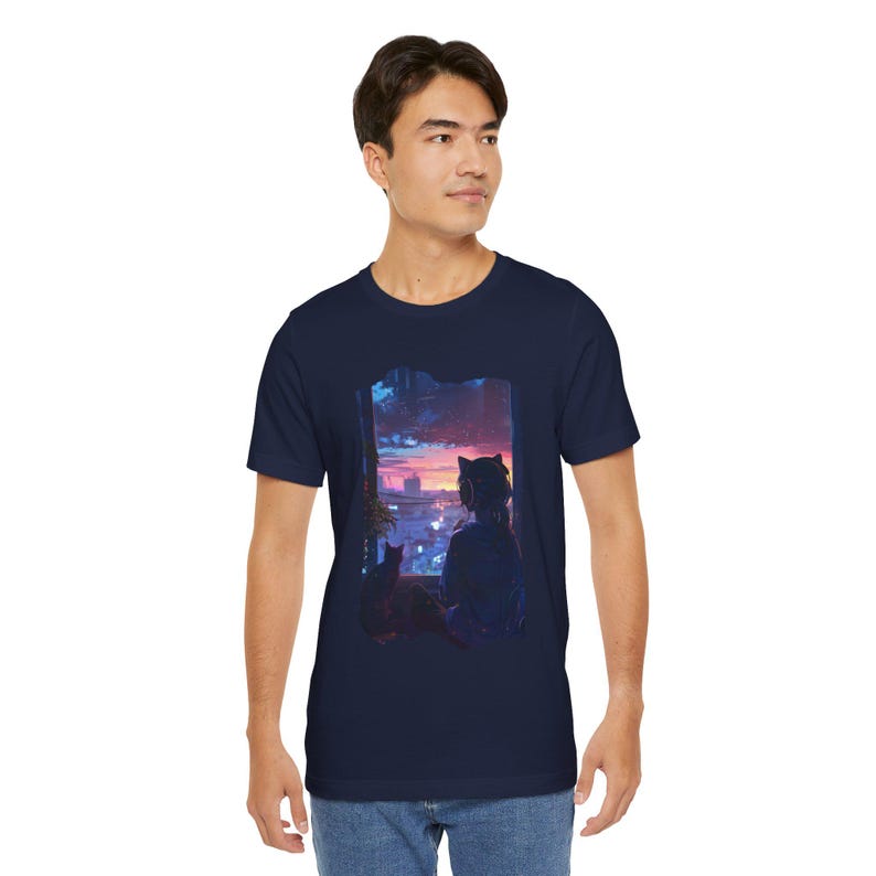 Lofi Girl tshirt Vaporwave Sunset Japanese Anime Kawaii Silhouette Cat Watching City Sunset T-Shirt | Night Sky Cityscape Tee image 10