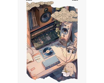Retro Vinyl Record Room Poster Lofi Hip Hop Anime Kawaii Japanese Matte Vertical Poster | Music Studio Illustration