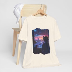Lofi Girl tshirt Vaporwave Sunset Japanese Anime Kawaii Silhouette Cat Watching City Sunset T-Shirt | Night Sky Cityscape Tee image 2