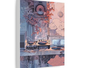 Kawaii Cozy DJ Room Illustration Lofi Hip Hop Wall Art Japanese Anime Kawaii Axolotl Matte Canvas