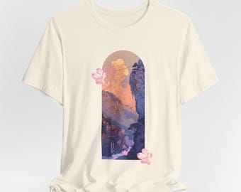 Lofi Aesthetic Kawaii Fashion Japanese Style Anime Tshirt Vaporwave Sunset Mountain Arch tee | Scenic landscape shirt, pastel nature design