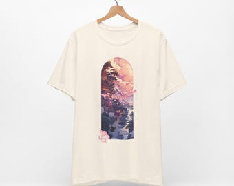 Japanese Style Mountain Tshirt Vaporwave Aesthetic Lofi Anime Kawaii Sunset Sakura Window Tee | Cherry Blossom Landscape T-Shirt