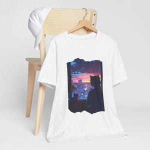 Lofi Girl tshirt Vaporwave Sunset Japanese Anime Kawaii Silhouette Cat Watching City Sunset T-Shirt | Night Sky Cityscape Tee image 4