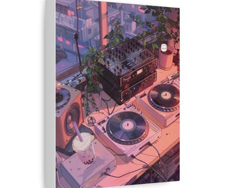 Cozy DJ Turntables Lofi Wall Art Japanese Style Anime Kawaii Pastel Ambient Music Producer Wall Art Canvas