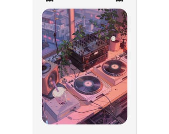 Lo-fi DJ Turntables Rolled Poster | Vaporwave Aesthetic, Cityscape Music Artwork