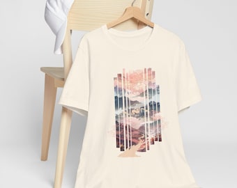 Japanese Style Mountains Tshirt Anime Kawaii Aesthetic Sunset Mountain Landscape Tee | Geometric Striped Nature Scene