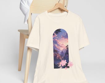 Anime Lovers Shirt Japanese Mountain Tshirt Kawaii Fashion Vaporwave Aesthetic Sunset Mountain Cherry Blossoms T-Shirt