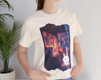 Cute Kawaii Lofi Neon Alley Japanese Streetwear Style T-Shirt | Nightcity Anime Street Scene