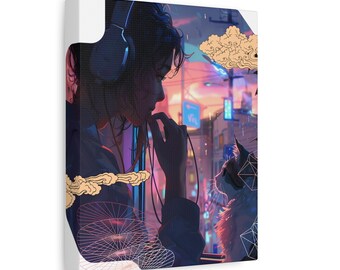 Cozy DJ Room Canvas Print: Lofi Hip Hop Anime Wall Art, Kawaii Axolotl Illustration